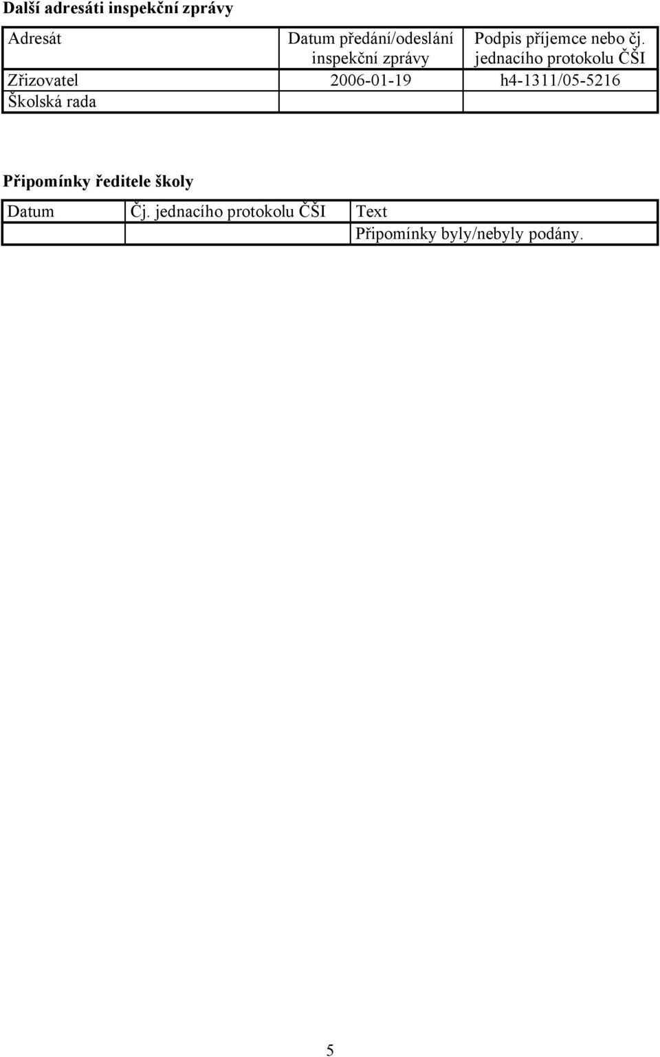 jednacího protokolu ČŠI Zřizovatel 2006-01-19 h4-1311/05-5216 Školská