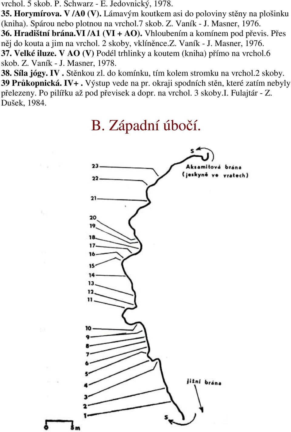 Velké iluze. V AO (V) Podél trhlinky a koutem (kniha) pímo na vrchol.6 skob. Z. Vaník - J. Masner, 1978. 38. Síla jógy. IV. Stnkou zl. do komínku, tím kolem stromku na vrchol.