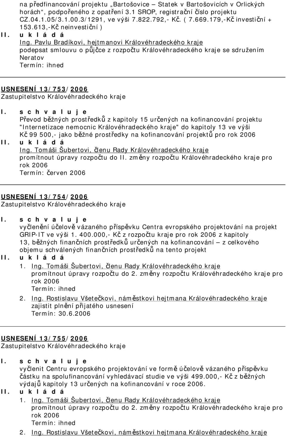 613,-Kč neinvestiční ) podepsat smlouvu o půjčce z rozpočtu Královéhradeckého kraje se sdružením Neratov Termín: ihned USNESENÍ 13/753/2006 Převod běžných prostředků z kapitoly 15 určených na