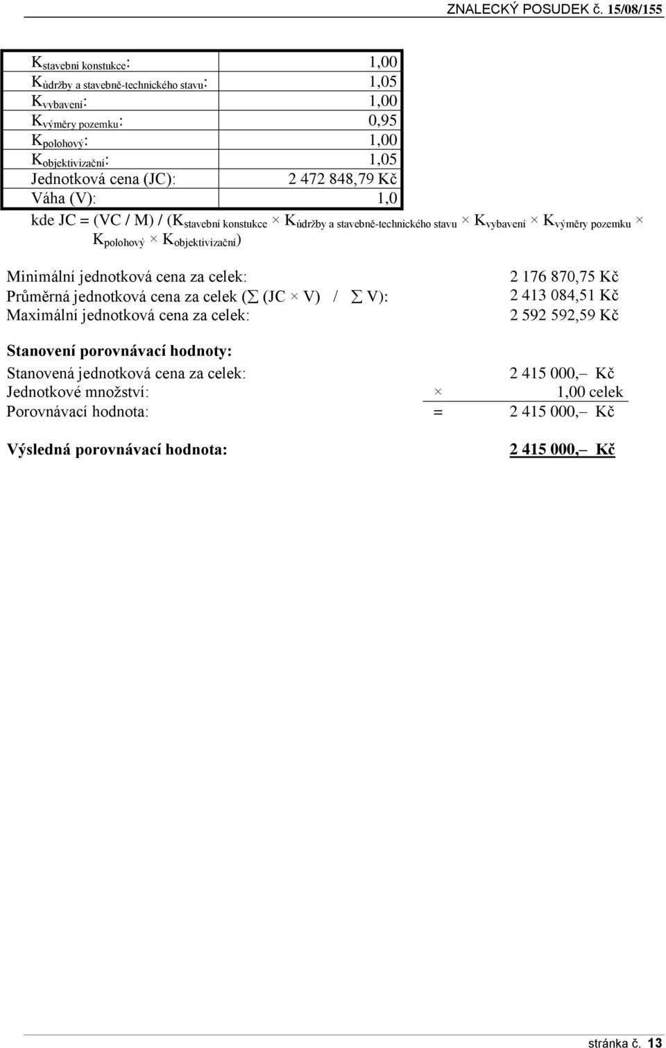 jednotková cena za celek: Průměrná jednotková cena za celek ( (JC V) / V): Maximální jednotková cena za celek: 2 176 870,75 Kč 2 413 084,51 Kč 2 592 592,59 Kč Stanovení porovnávací