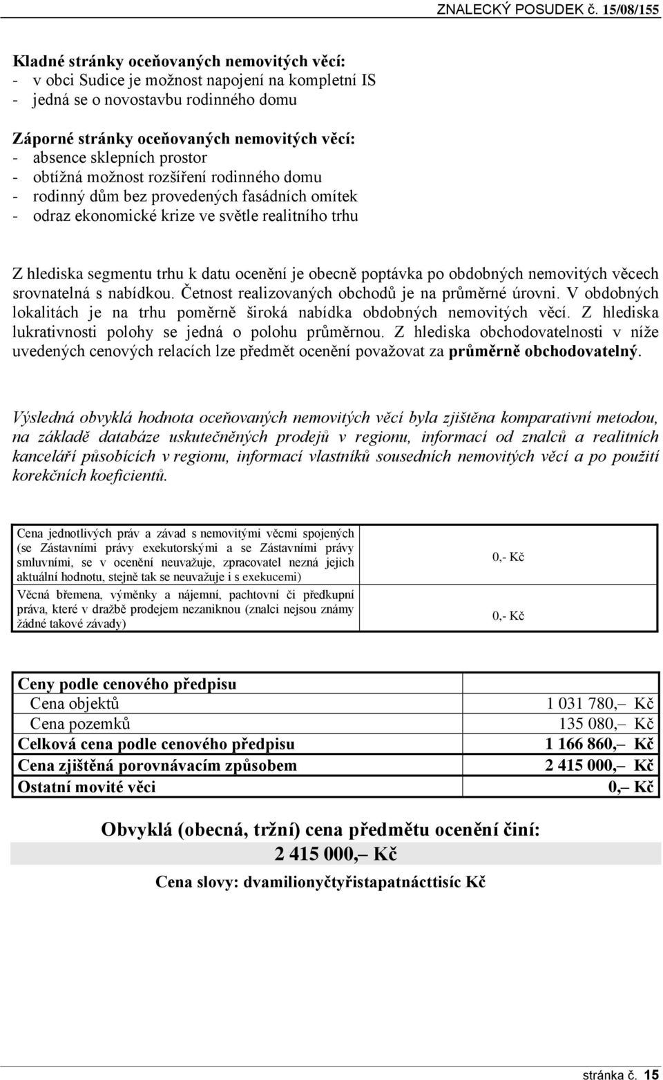 poptávka po obdobných nemovitých věcech srovnatelná s nabídkou. Četnost realizovaných obchodů je na průměrné úrovni. V obdobných lokalitách je na trhu poměrně široká nabídka obdobných nemovitých věcí.