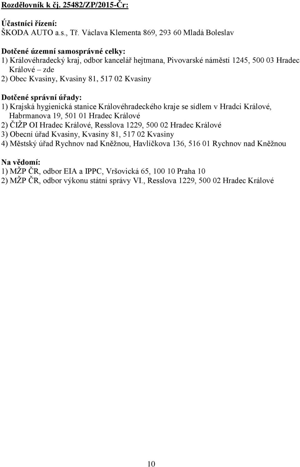 Kvasiny 81, 517 02 Kvasiny Dotčené správní úřady: 1) Krajská hygienická stanice Královéhradeckého kraje se sídlem v Hradci Králové, Habrmanova 19, 501 01 Hradec Králové 2) ČIŽP OI Hradec Králové,