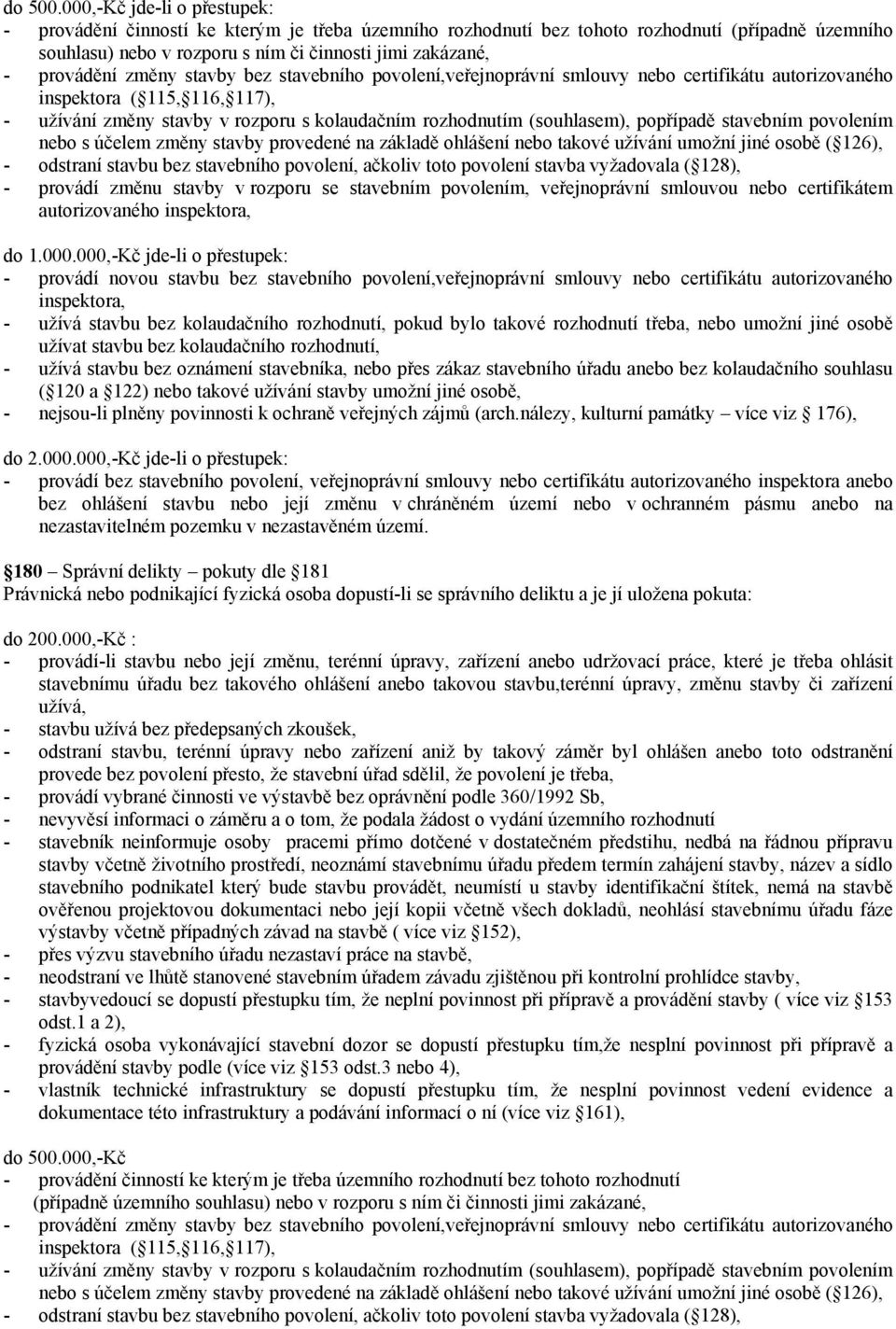 změny stavby bez stavebního povolení,veřejnoprávní smlouvy nebo certifikátu autorizovaného inspektora ( 115, 116, 117), - užívání změny stavby v rozporu s kolaudačním rozhodnutím (souhlasem),