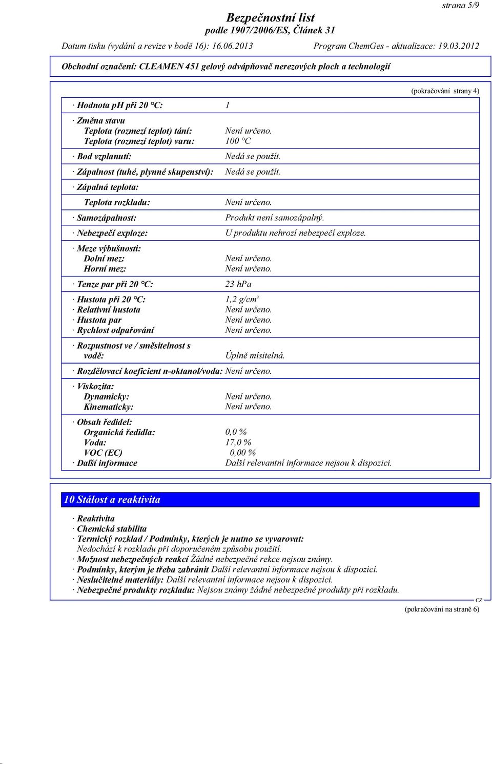 Meze výbušnosti: Dolní mez: Horní mez: Tenze par při 20 C: 23 hpa Hustota při 20 C: 1,2 g/cm 3 Relativní hustota Hustota par Rychlost odpařování Rozpustnost ve / směsitelnost s vodě: Úplně mísitelná.