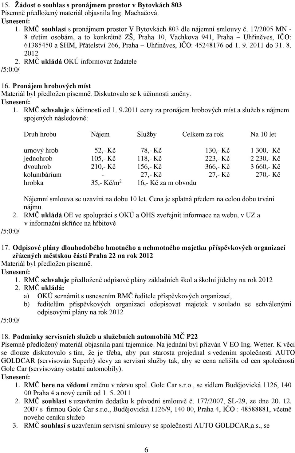 RMČ ukládá OKÚ informovat žadatele 16. Pronájem hrobových míst Diskutovalo se k účinnosti změny. 1. RMČ schvaluje s účinností od 1. 9.