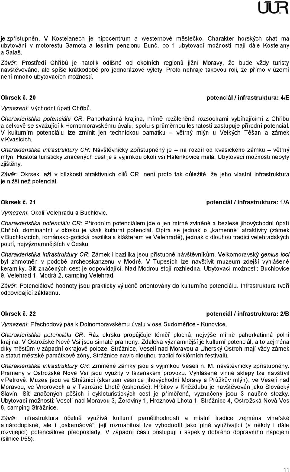 Proto nehraje takovou roli, že přímo v území není mnoho ubytovacích možností. Okrsek č. 20 potenciál / infrastruktura: 4/E Vymezení: Východní úpatí Chřibů.