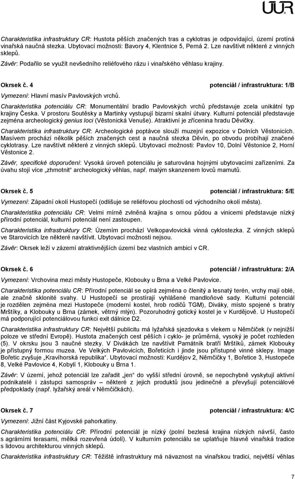 4 potenciál / infrastruktura: 1/B Vymezení: Hlavní masív Pavlovských vrchů. Charakteristika potenciálu CR: Monumentální bradlo Pavlovských vrchů představuje zcela unikátní typ krajiny Česka.