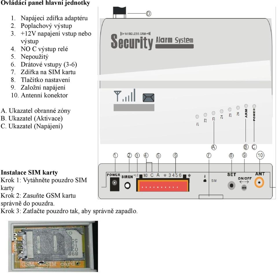 Založní napájení 10. Antenní konektor A. Ukazatel obranné zóny B. Ukazatel (Aktivace) C.