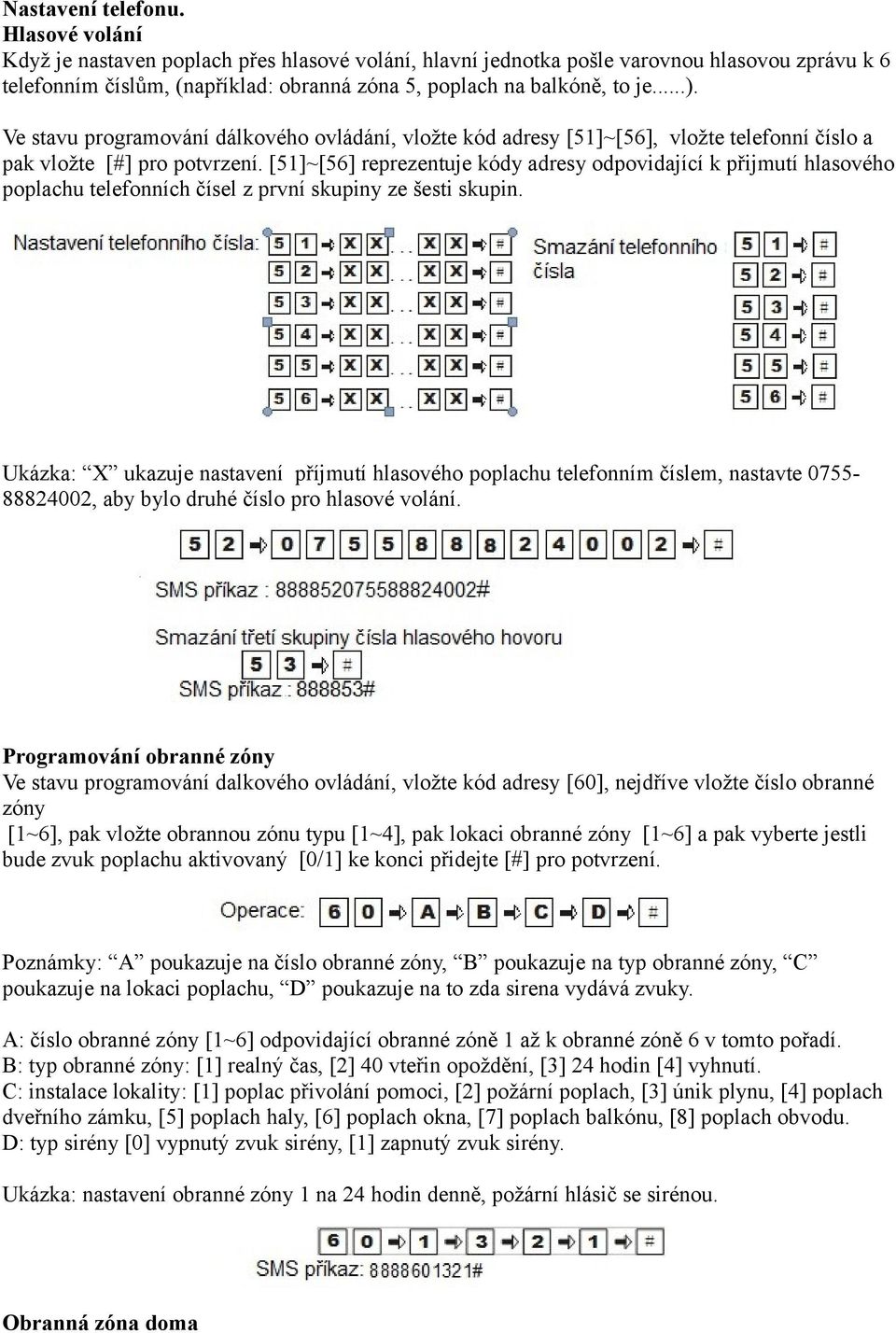 Ve stavu programování dálkového ovládání, vložte kód adresy [51]~[56], vložte telefonní číslo a pak vložte [#] pro potvrzení.