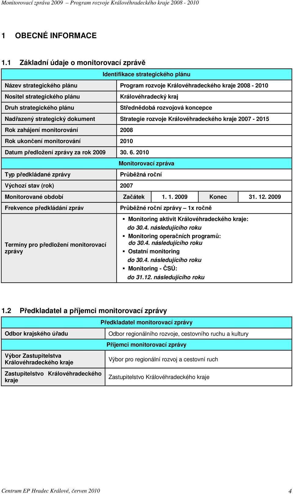 plánu Královéhradecký kraj Střednědobá rozvojová koncepce Nadřazený strategický dokument Strategie rozvoje Královéhradeckého kraje 2007-2015 Rok zahájení monitorování 2008 Rok ukončení monitorování