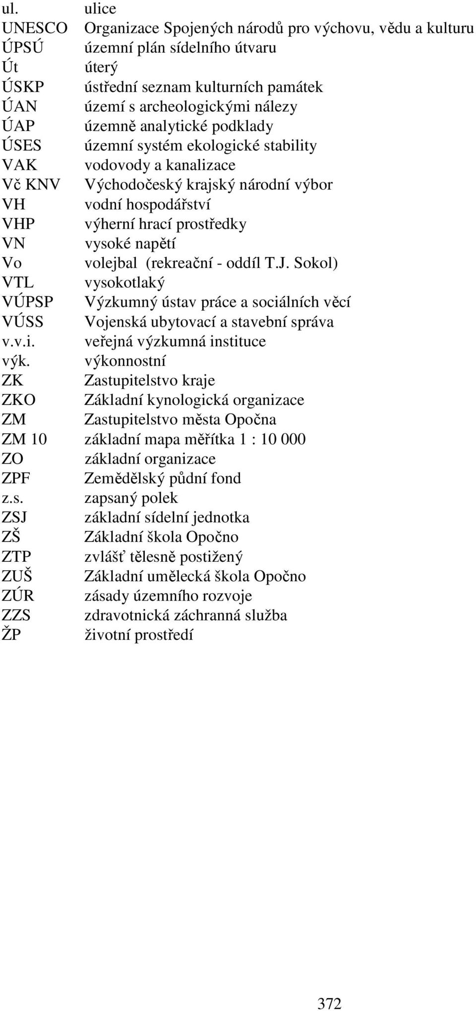 napětí Vo volejbal (rekreační - oddíl T.J. Sokol) VTL vysokotlaký VÚPSP Výzkumný ústav práce a sociálních věcí VÚSS Vojenská ubytovací a stavební správa v.v.i. veřejná výzkumná instituce výk.