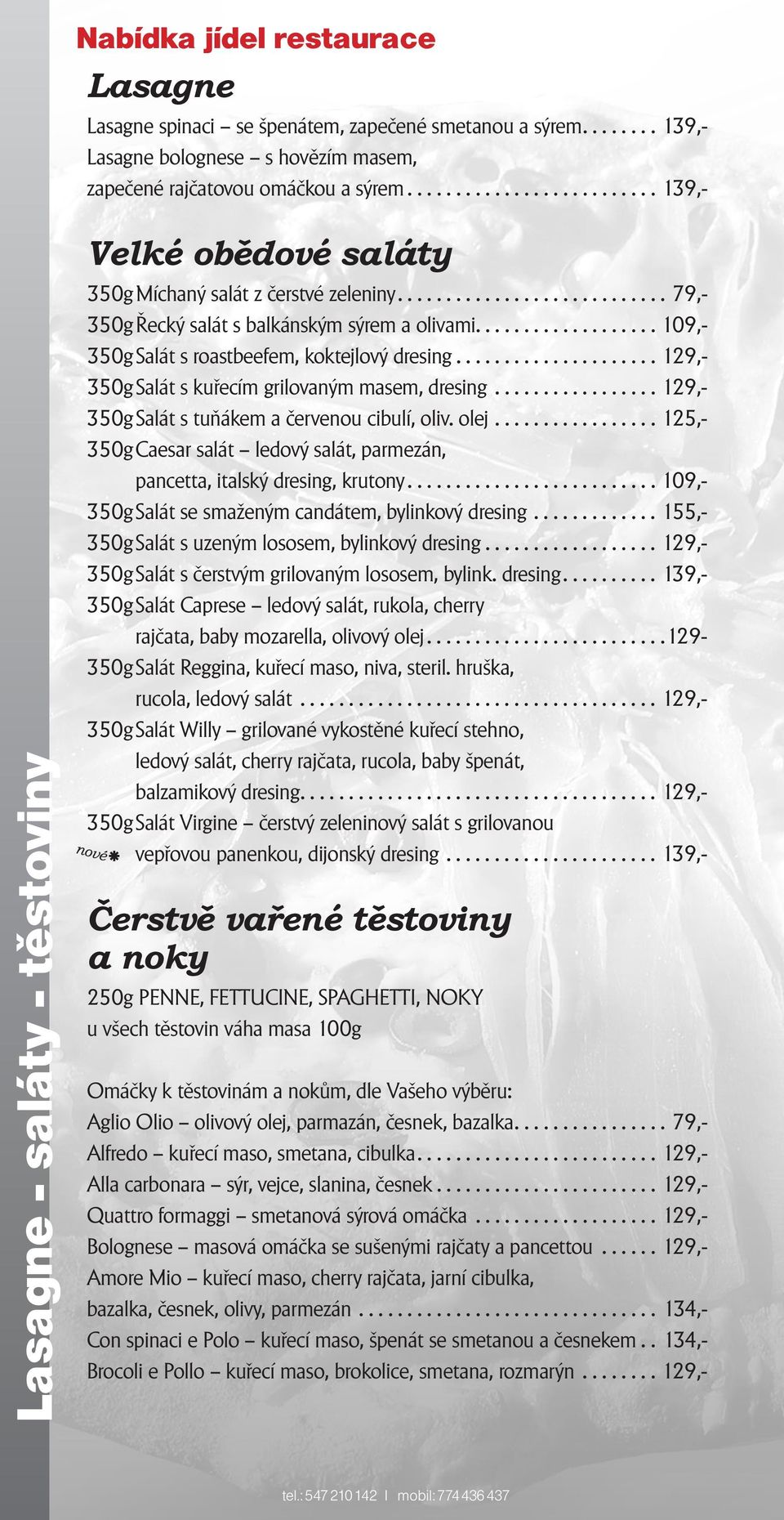 ...................109,- 350g Salát s roastbeefem, koktejlový dresing......................129,- 350g Salát s kuřecím grilovaným masem, dresing..................129,- 350g Salát s tuňákem a červenou cibulí, oliv.