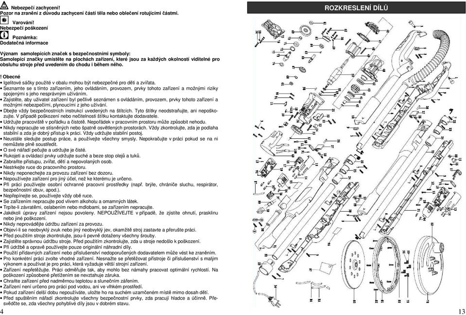 obsluhu stroje před uvedením do chodu i během něho.! Obecné Igelitové sáčky použité v obalu mohou být nebezpečné pro děti a zvířata.