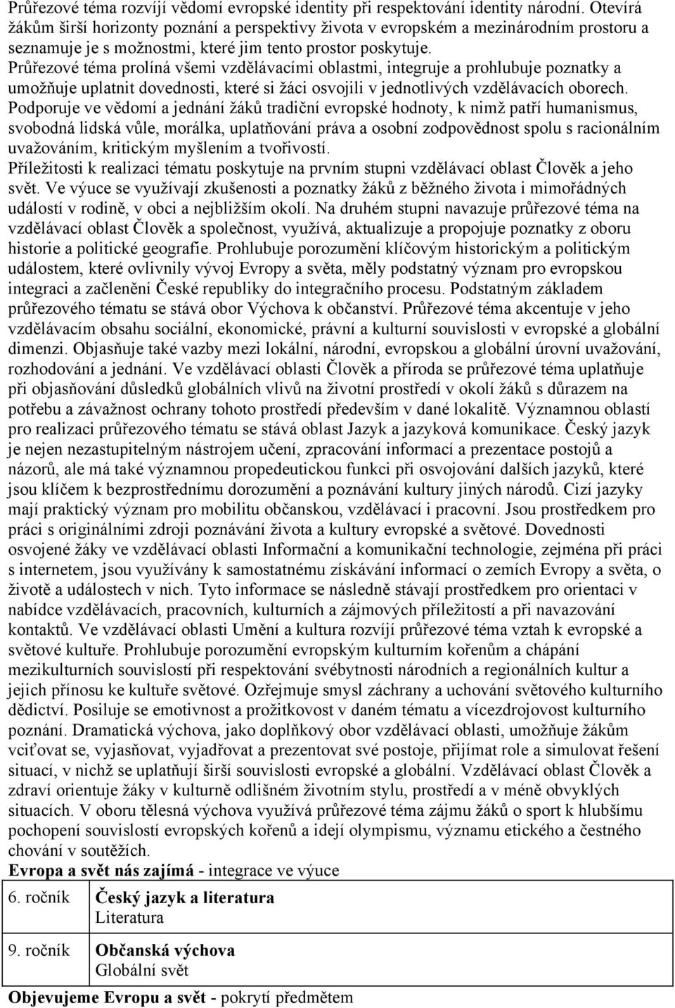 Průřezové téma prolíná všemi vzdělávacími oblastmi, integruje a prohlubuje poznatky a umožňuje uplatnit dovednosti, které si žáci osvojili v jednotlivých vzdělávacích oborech.