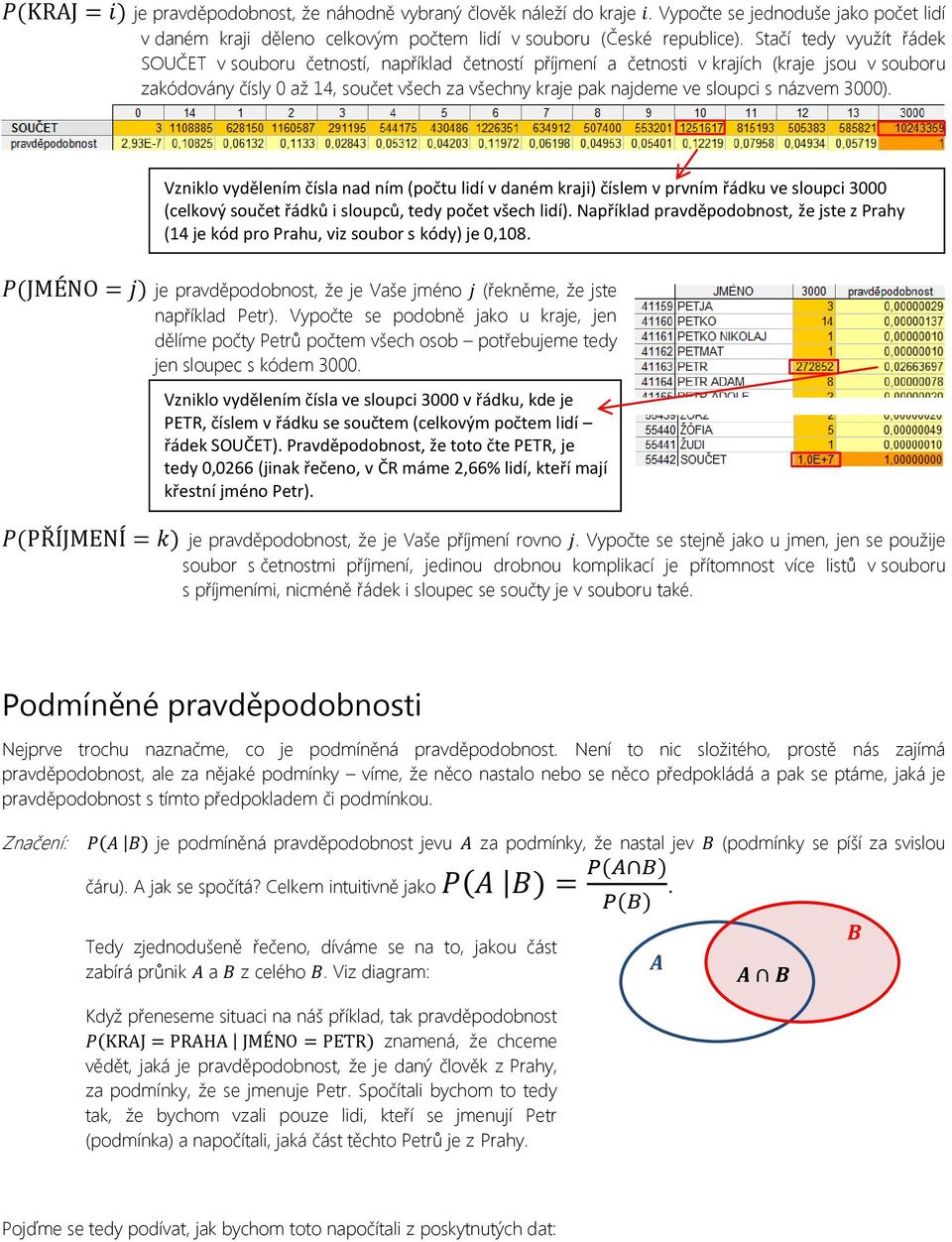 vydělením čísla nad ním (počtu lidí v daném kraji) číslem v prvním řádku ve sloupci 3000 (celkový součet řádků i sloupců, tedy počet všech lidí) Například pravděpodobnost, že jste z Prahy (14 je kód