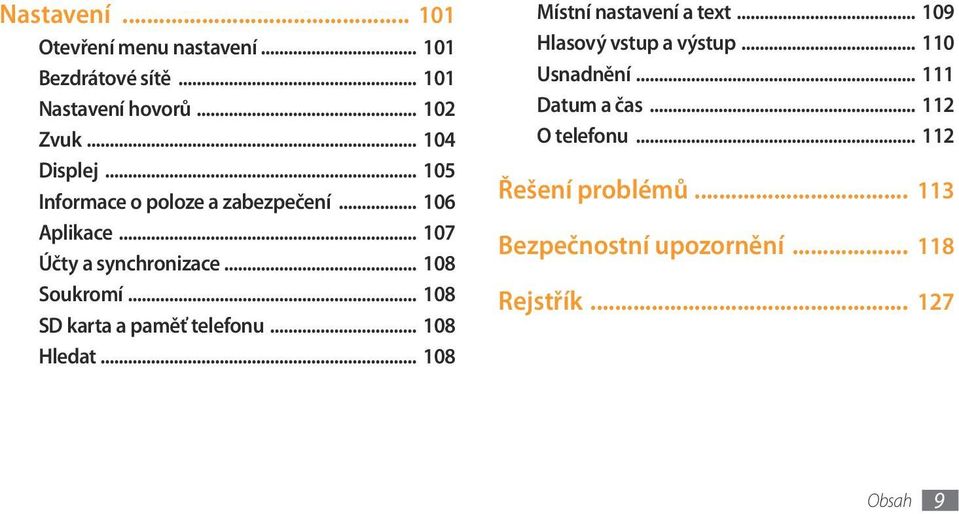 .. 108 SD karta a paměť telefonu... 108 Hledat... 108 Místní nastavení a text... 109 Hlasový vstup a výstup.