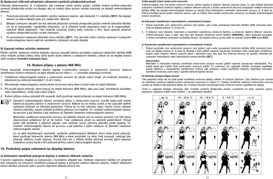 1. Pokud jste přerušili režim provádění ručního nastavení stanice, pak stiskněte 11 x tlačítko [SET]. Na displeji stanice se objeví blikající pole pro zadání této citlivosti. 2.