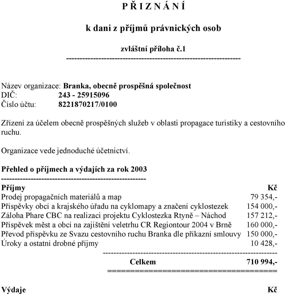 prospěšných služeb v oblasti propagace turistiky a cestovního ruchu. Organizace vede jednoduché účetnictví.