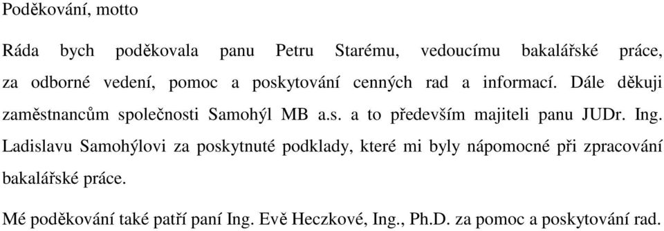 Ing. Ladislavu Samohýlovi za poskytnuté podklady, které mi byly nápomocné při zpracování bakalářské práce.