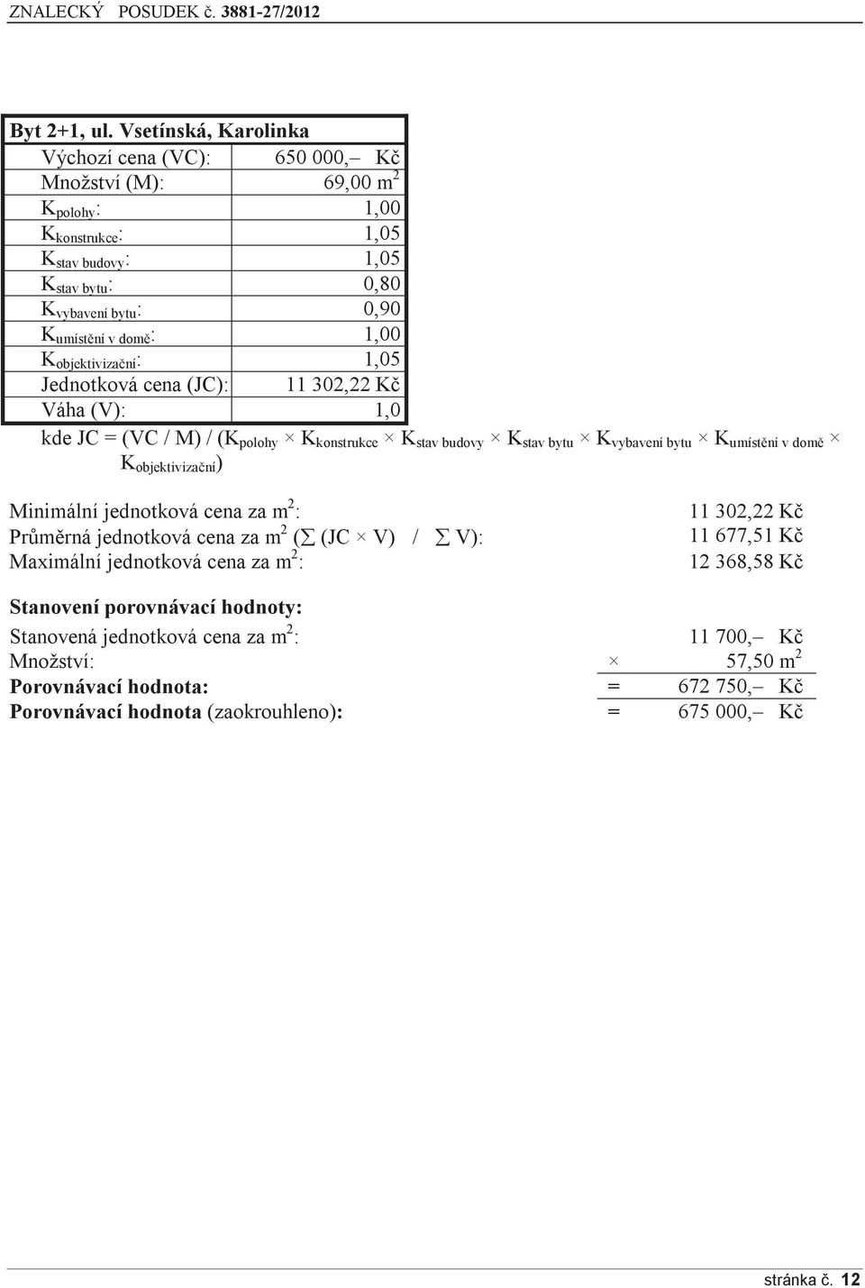 domě : 1,00 K objektivizační : 1,05 Jednotková cena (JC): 11 302,22 Kč Váha (V): 1,0 kde JC = (VC / M) / (K polohy K konstrukce K stav budovy K stav bytu K vybavení bytu K umístění v domě K