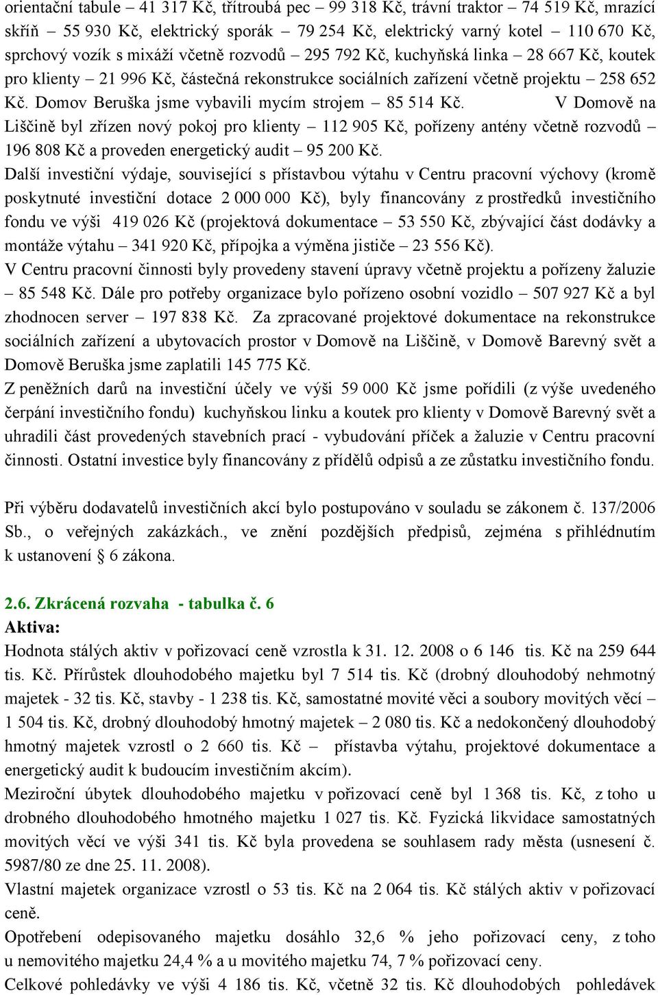 V Domově na Liščině byl zřízen nový pokoj pro klienty 112 905 Kč, pořízeny antény včetně rozvodů 196 808 Kč a proveden energetický audit 95 200 Kč.