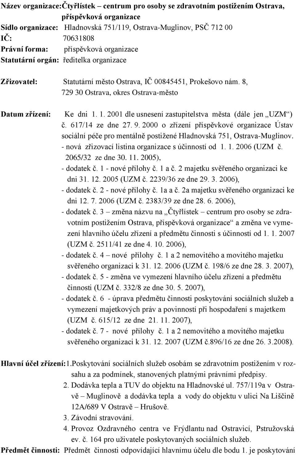 1. 2001 dle usnesení zastupitelstva města (dále jen UZM ) č. 617/14 ze dne 27. 9. 2000 o zřízení příspěvkové organizace Ústav sociální péče pro mentálně postižené Hladnovská 751, Ostrava-Muglinov.