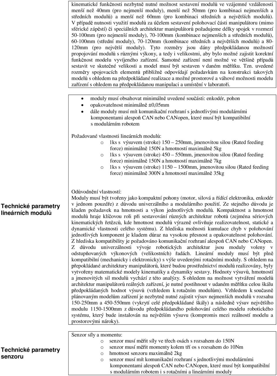 V pípad nutnosti využití modul za úelem sestavení polohovací ásti manipulátoru (mimo sférické zápstí) i speciálních architektur manipulátor požadujeme délky spojek v rozmezí 50-100mm (pro nejmenší