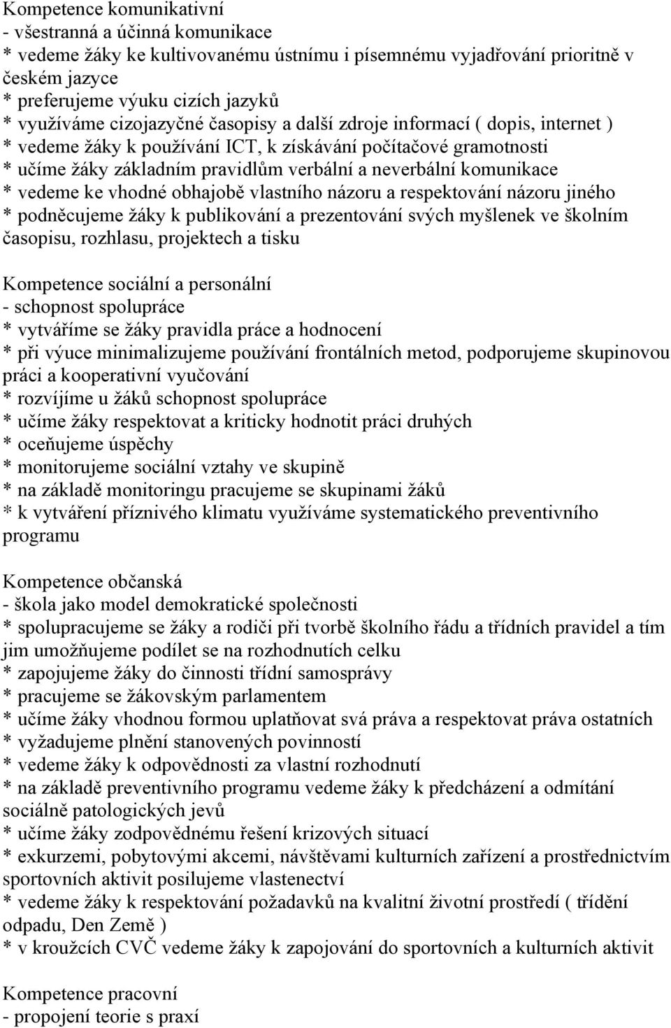 vedeme ke vhodné obhajobě vlastního názoru a respektování názoru jiného * podněcujeme žáky k publikování a prezentování svých myšlenek ve školním časopisu, rozhlasu, projektech a tisku Kompetence