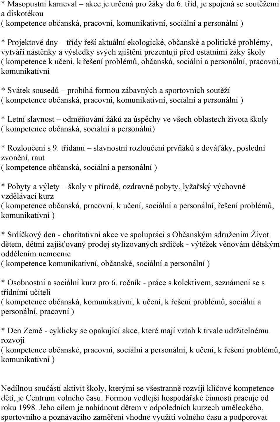 vytváří nástěnky a výsledky svých zjištění prezentují před ostatními žáky školy ( kompetence k učení, k řešení problémů, občanská, sociální a personální, pracovní, komunikativní * Svátek sousedů