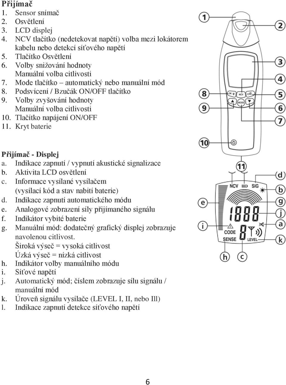 Tlačítko napájení ON/OFF 11. Kryt baterie Přijímač - Displej a. Indikace zapnutí / vypnutí akustické signalizace b. Aktivita LCD osvětlení c.