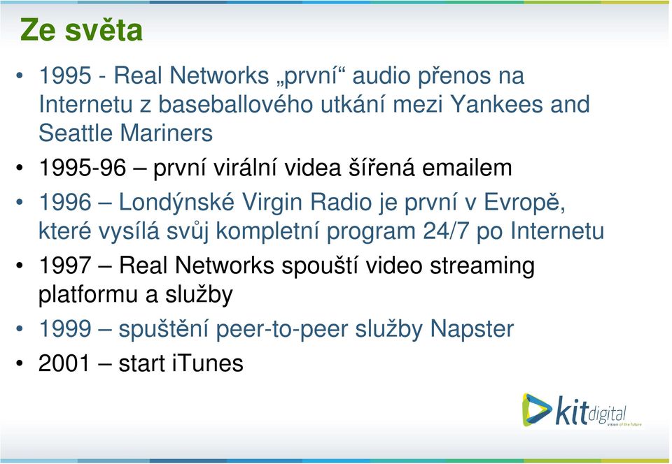 svůj kompletní program 24/7 po Internetu 1997 Real Networks spouští video streaming platformu a služby 1999