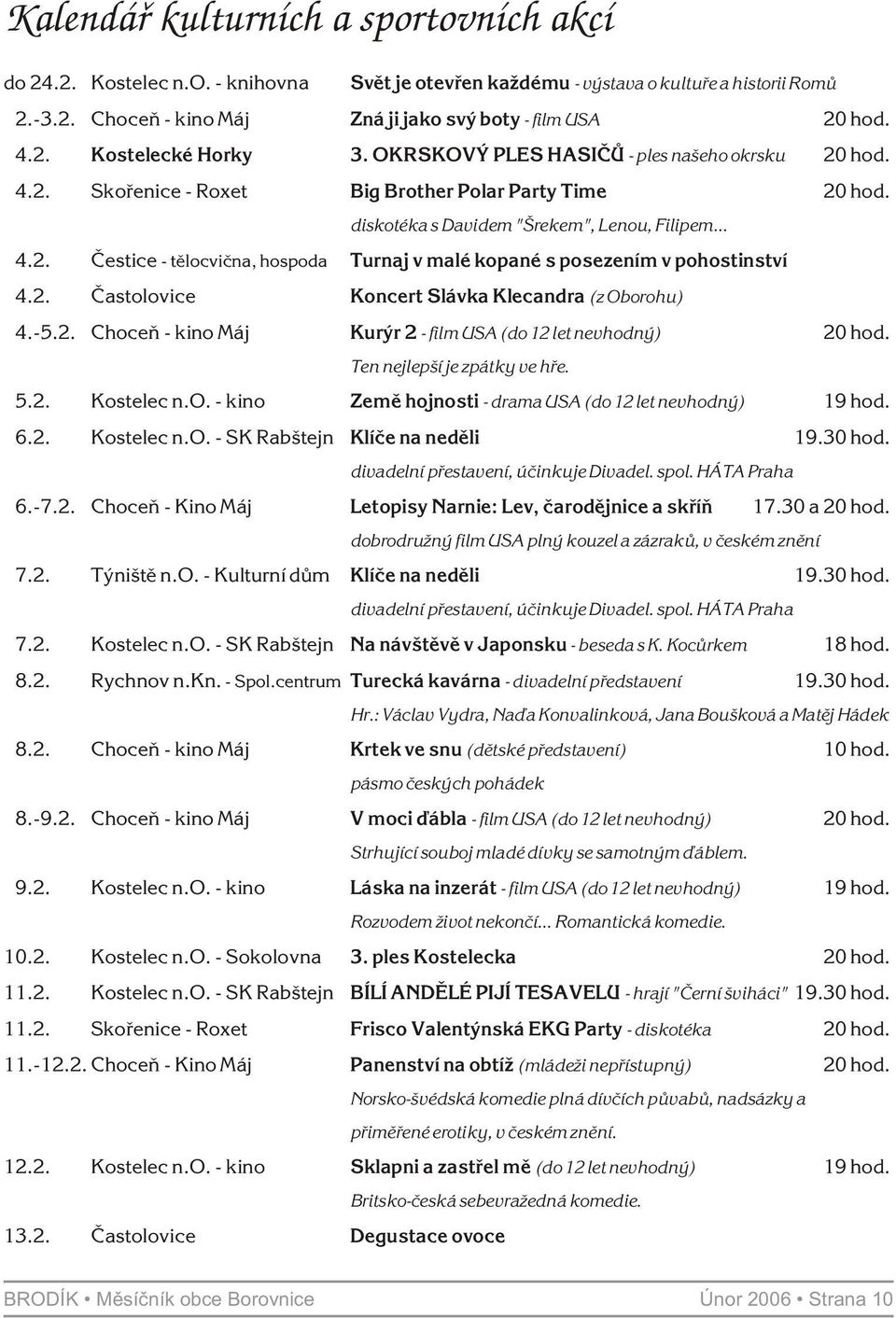 2. Èastolovice Koncert Slávka Klecandra (z Oborohu) 14.-5.2. Choceò - kino Máj Kurýr 2 - film USA (do 12 let nevhodný) 20 hod. Ten nejlepší je zpátky ve høe. 15.2. Kostelec n.o. - kino Zemì hojnosti - drama USA (do 12 let nevhodný) 19 hod.