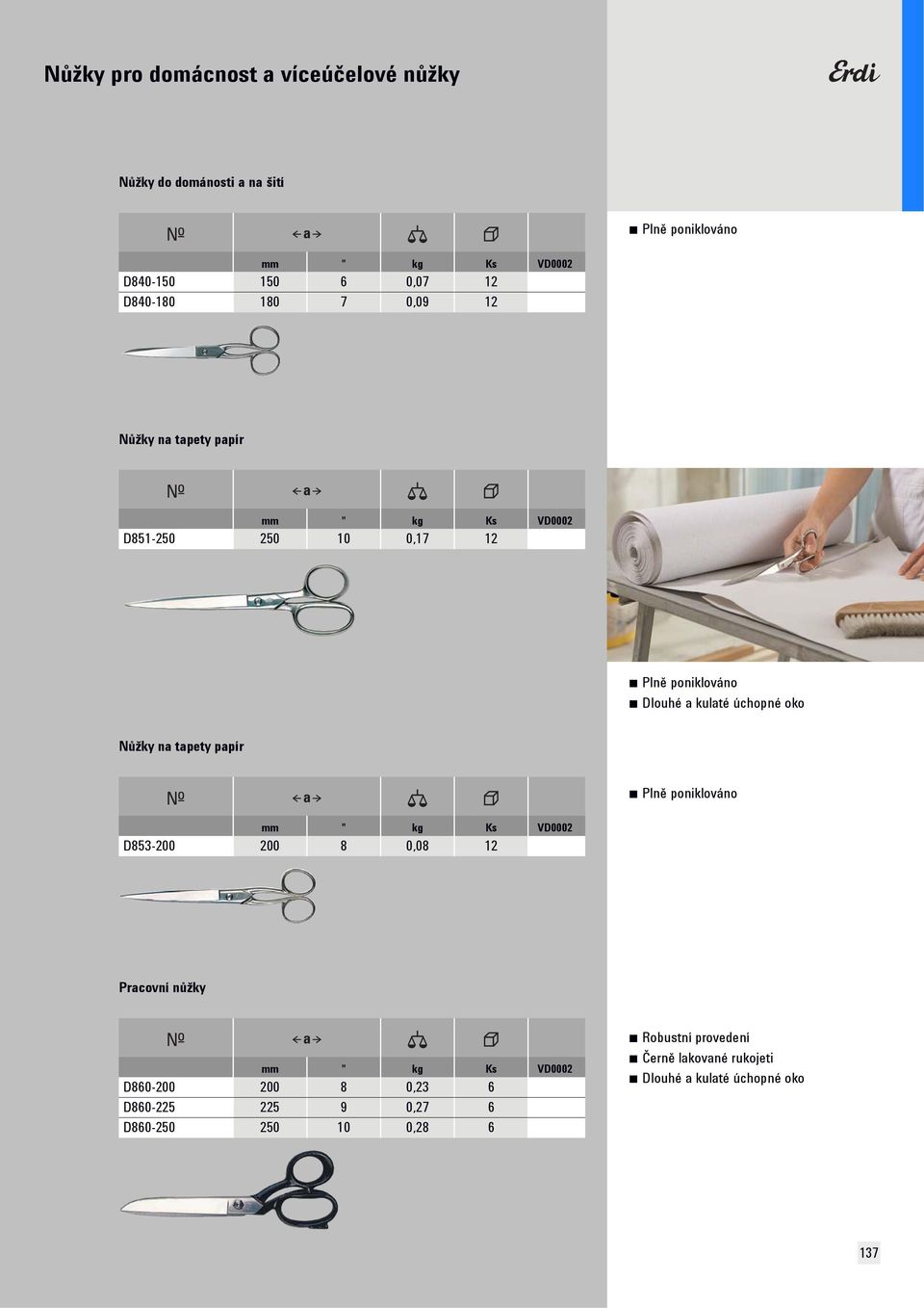 Nůžky na tapety papír D853-200 200 8 0,08 12 Pracovní nůžky D860-200 200 8 0,23 6 D860-225 225 9