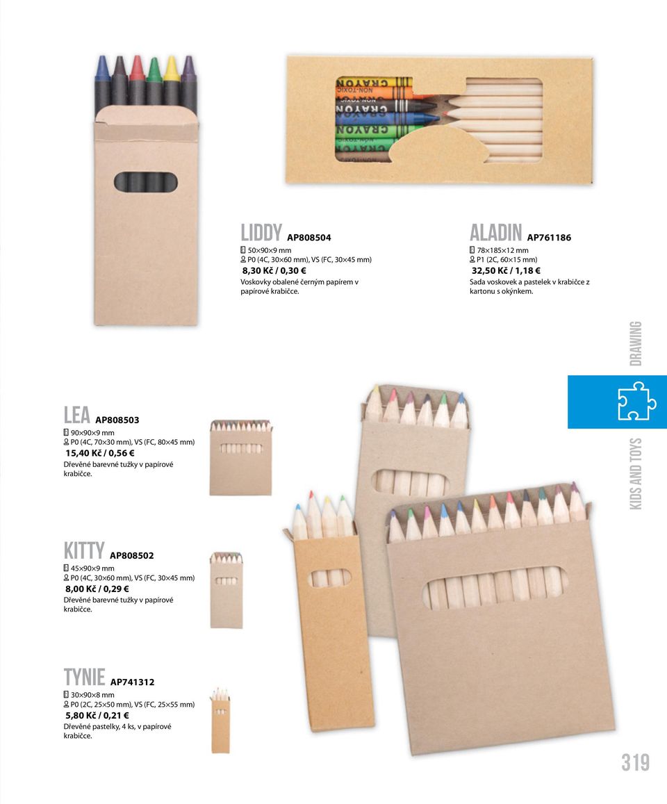 Lea AP808503 90 90 9 mm [ P0 (4C, 70 30 mm), VS (FC, 80 45 mm) 15,40 Kč / 0,56 Dřevěné barevné tužky v papírové krabičce.
