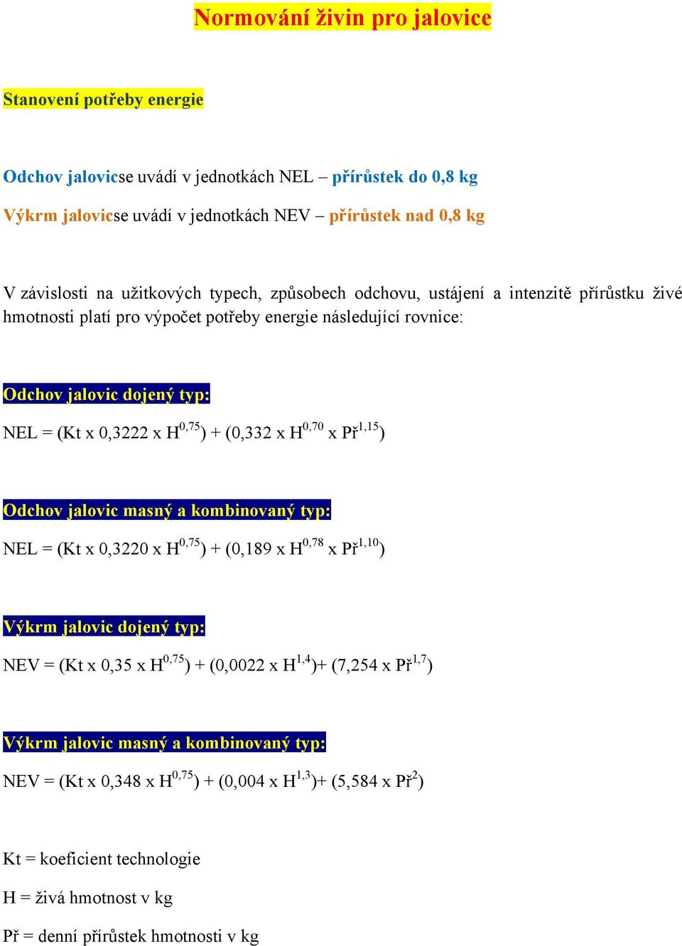 (0,332 x H 0,70 x Př 1,15 ) Odchov jalovic masný a kombinovaný typ: NEL = (Kt x 0,3220 x H 0,75 ) + (0,189 x H 0,78 x Př 1,10 ) Výkrm jalovic dojený typ: NEV = (Kt x 0,35 x H 0,75 ) + (0,0022 x H 1,4