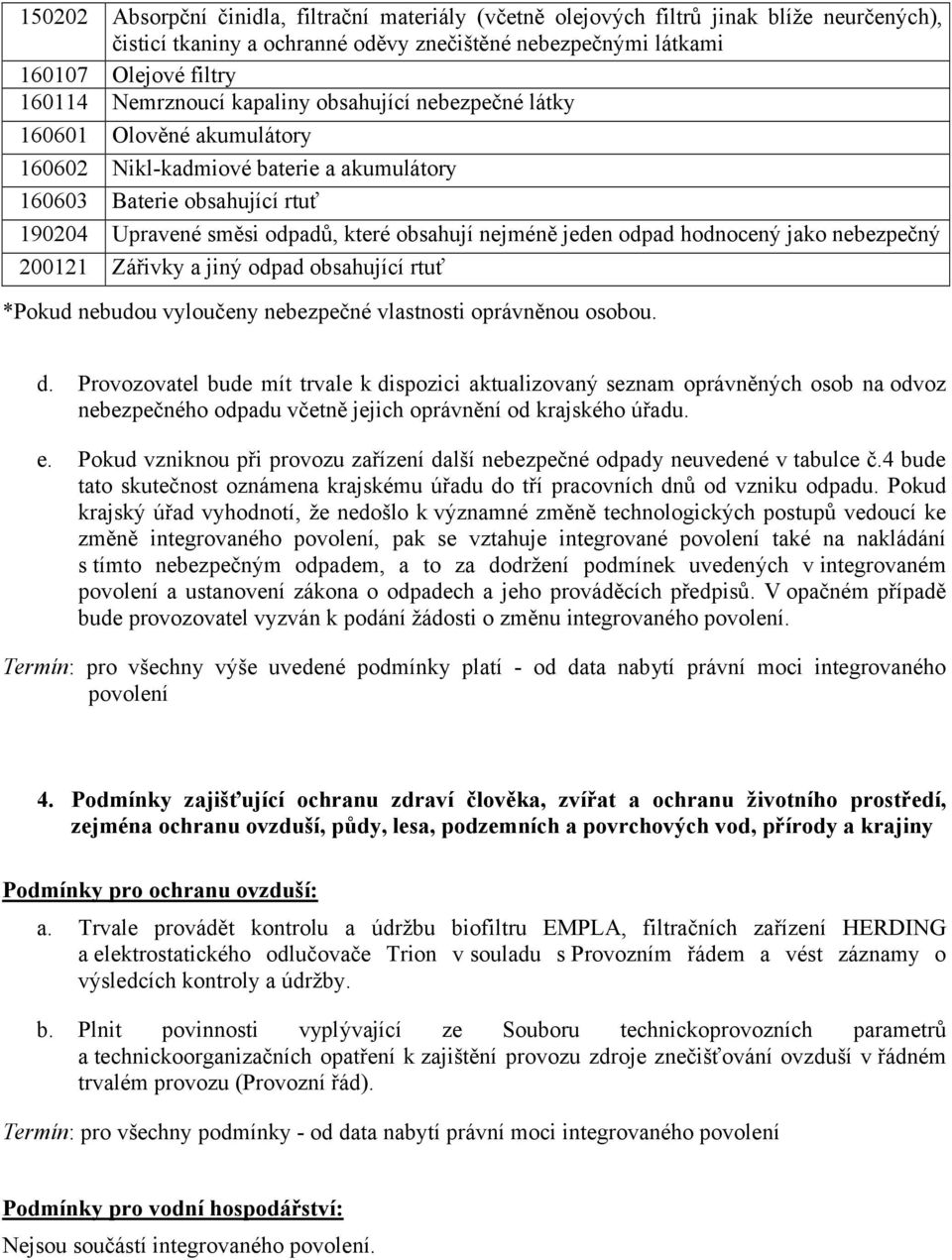 odpad hodnocený jako nebezpečný 200121 Zářivky a jiný odpad obsahující rtuť *Pokud nebudou vyloučeny nebezpečné vlastnosti oprávněnou osobou. d.