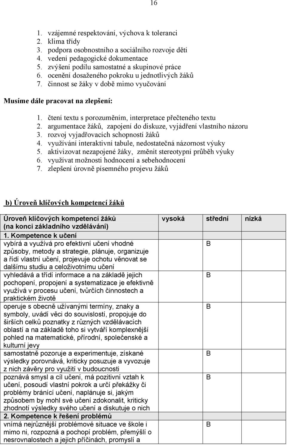 argumentace žáků, zapojení do diskuze, vyjádření vlastního názoru 3. rozvoj vyjadřovacích schopností žáků 4. využívání interaktivní tabule, nedostatečná názornost výuky 5.