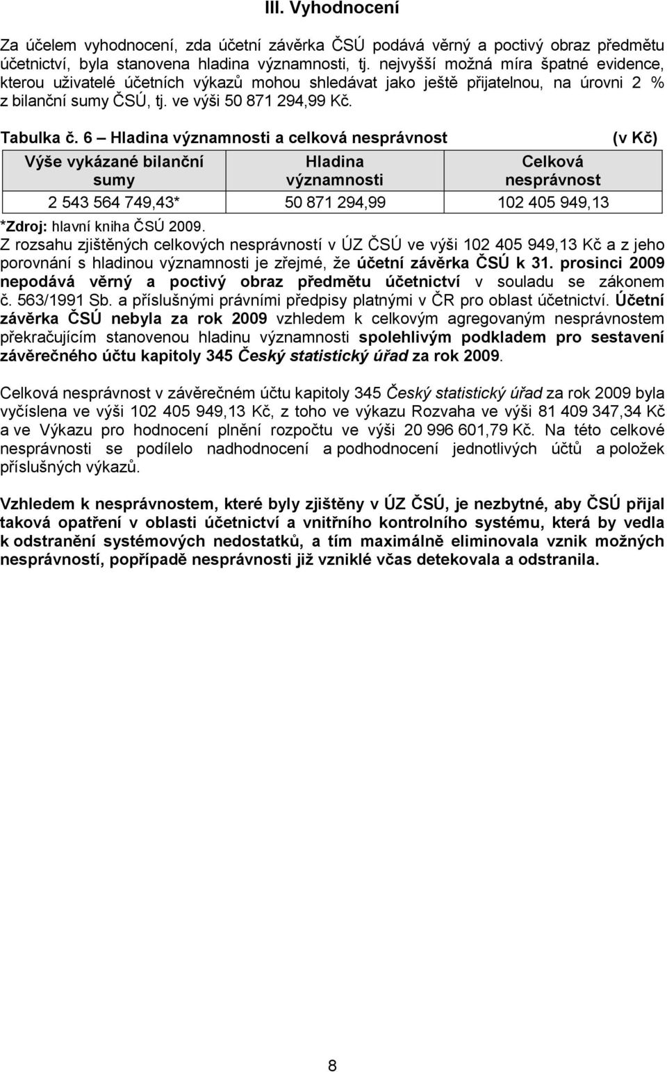 6 Hladina významnosti a celková nesprávnost Výše vykázané bilanční Hladina Celková sumy významnosti nesprávnost 2 543 564 749,43* 50 871 294,99 102 405 949,13 (v Kč) *Zdroj: hlavní kniha ČSÚ 2009.