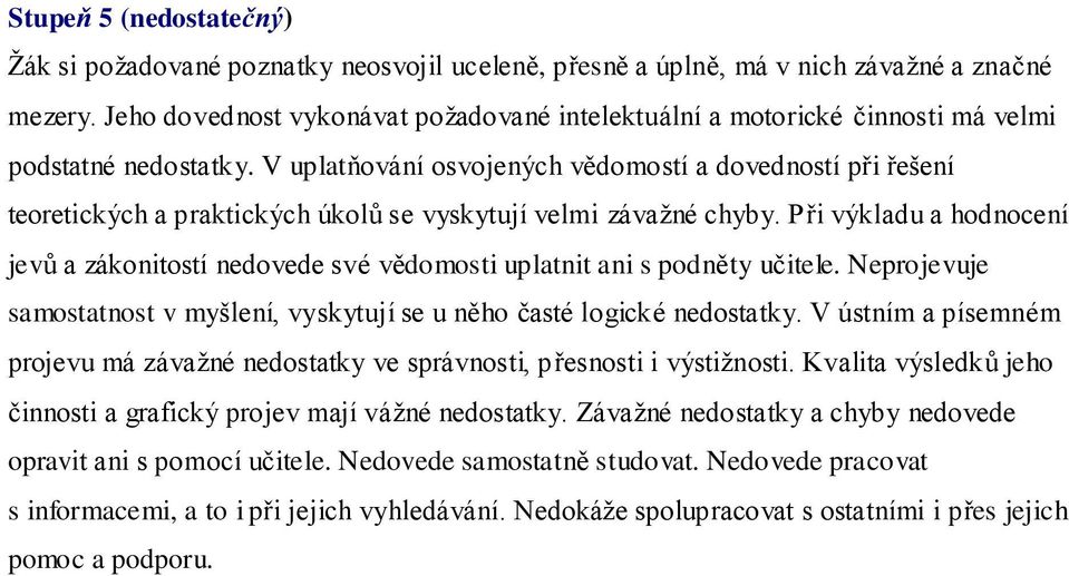 V uplatňování osvojených vědomostí a dovedností při řešení teoretických a praktických úkolů se vyskytují velmi závažné chyby.