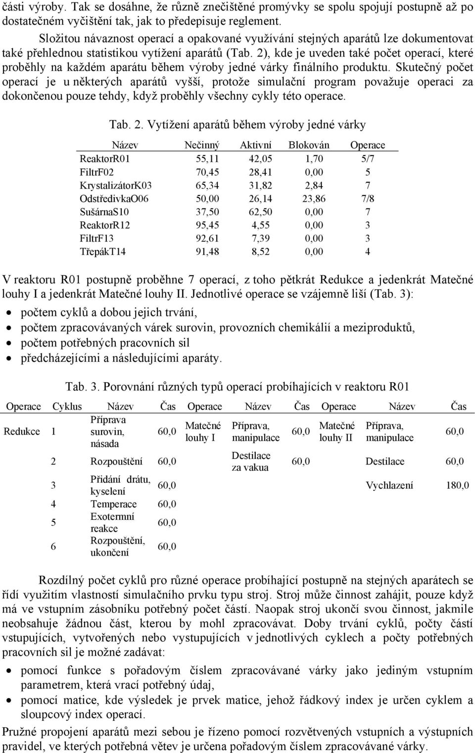 2), kde je uveden také počet operací, které proběhly na každém aparátu během výroby jedné várky finálního produktu.