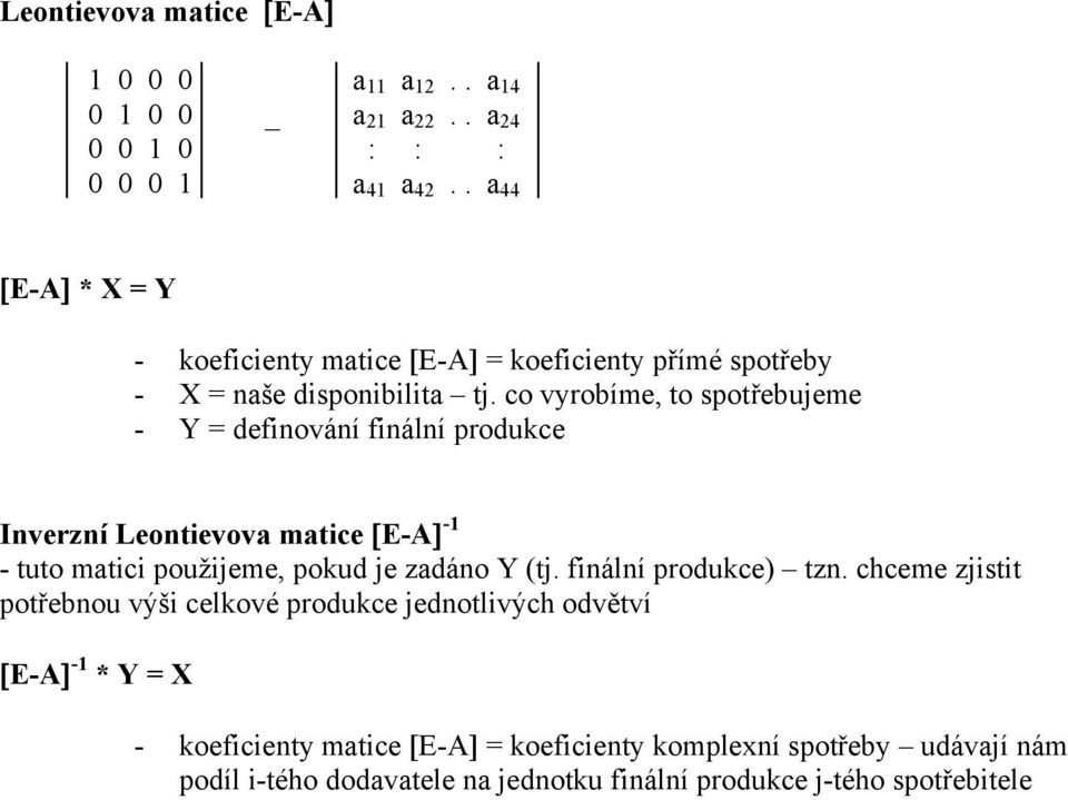 co vyrobíme, to spotřebujeme - Y = definování finální produkce Inverzní Leontievova matice [E-A] -1 - tuto matici použijeme, pokud je zadáno Y (tj.