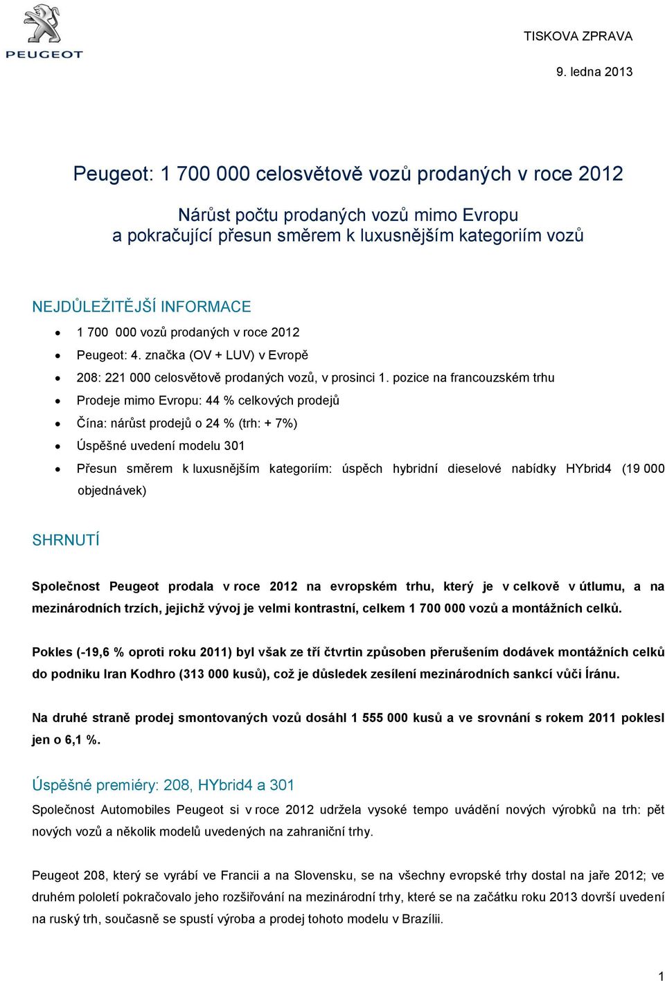 000 vozů prodaných v roce 2012 Peugeot: 4. značka (OV + LUV) v Evropě 208: 221 000 celosvětově prodaných vozů, v prosinci 1.