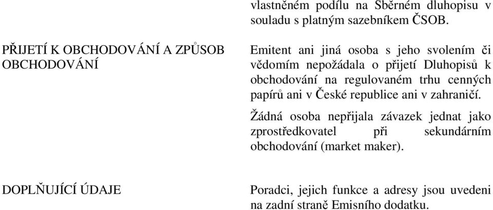 Dluhopisů k obchodování na regulovaném trhu cenných papírů ani v České republice ani v zahraničí.