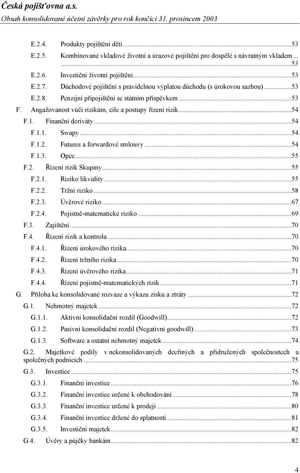 Angažovanost vůči rizikům, cíle a postupy řízení rizik...54 F.1. F.2. F.3. F.4. Finanční deriváty...54 F.1.1. Swapy...54 F.1.2. Futures a forwardové smlouvy...54 F.1.3. F.2.1. Opce.