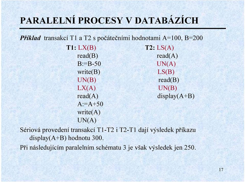 display(a+b) A:=A+50 write(a) UN(A) Sériová provedení transakcí T1-T2 i T2-T1 dají