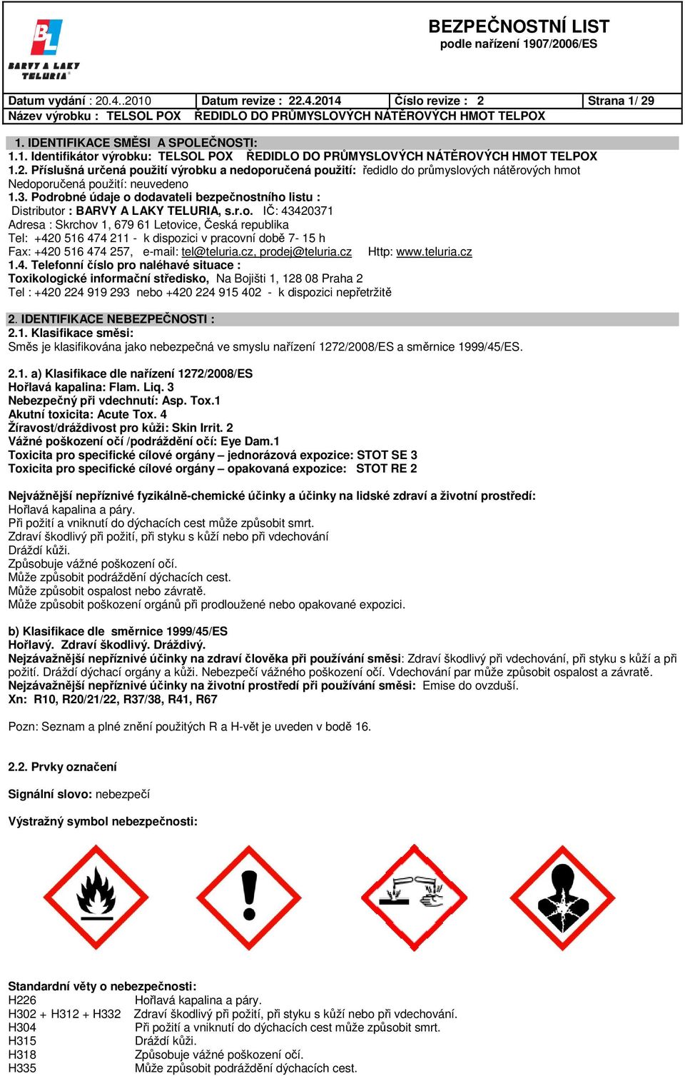 Podrobné údaje o dodavateli bezpečnostního listu : Distributor : BARVY A LAKY TELURIA, s.r.o. IČ: 43420371 Adresa : Skrchov 1, 679 61 Letovice, Česká republika Tel: +420 516 474 211 - k dispozici v pracovní době 7-15 h Fax: +420 516 474 257, e-mail: tel@teluria.