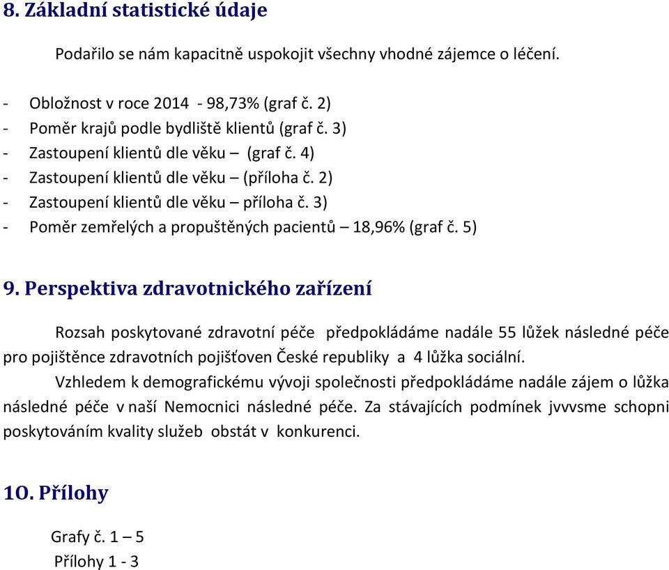 Perspektiva zdravotnického zařízení Rozsah poskytované zdravotní péče předpokládáme nadále 55 lůžek následné péče pro pojištěnce zdravotních pojišťoven České republiky a 4 lůžka sociální.