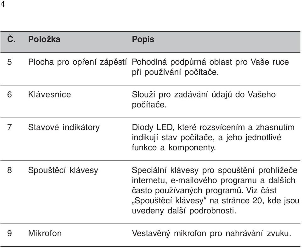 7 Stavové indikátory Diody LED, které rozsvícením a zhasnutím indikují stav počítače, a jeho jednotlivé funkce a komponenty.