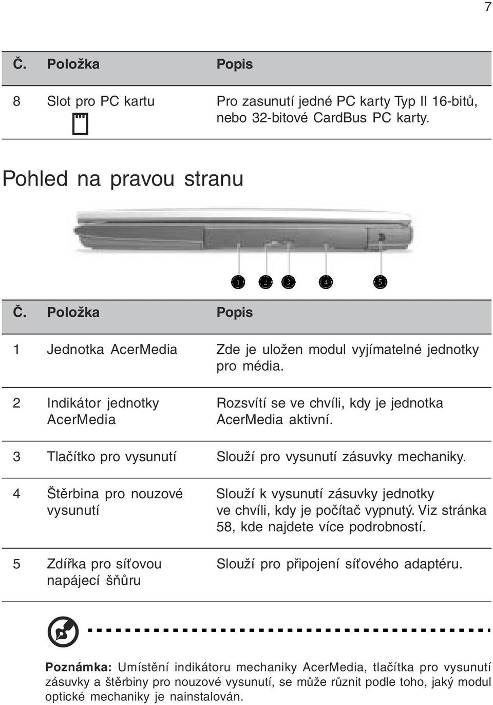 3 Tlačítko pro vysunutí Slouží pro vysunutí zásuvky mechaniky. 4 Štěrbina pro nouzové Slouží k vysunutí zásuvky jednotky vysunutí ve chvíli, kdy je počítač vypnutý.