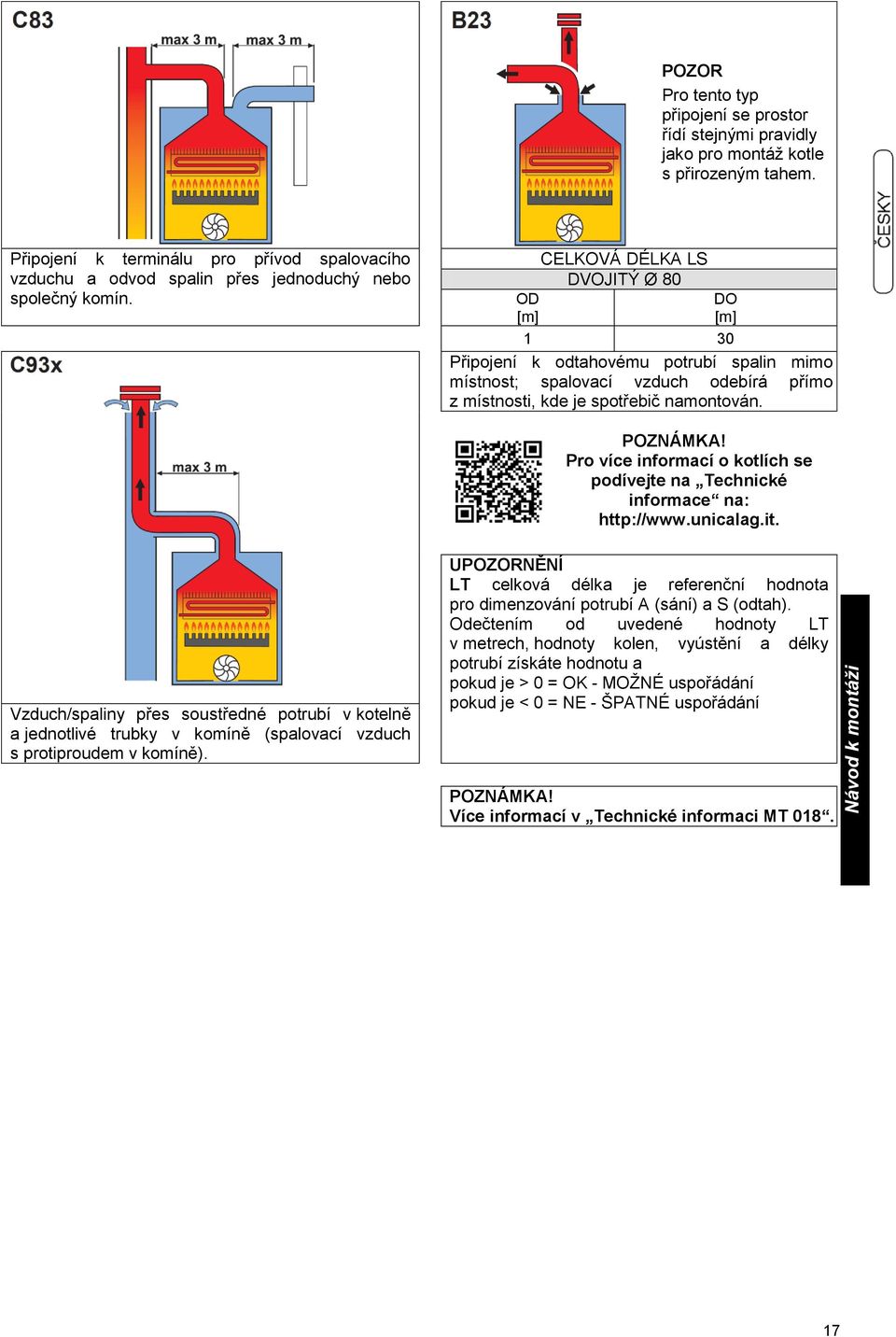 CELKOVÁ DÉLKA LS DVOJITÝ Ø 80 OD DO [m] [m] 1 30 Připojení k odtahovému potrubí spalin mimo místnost; spalovací vzduch odebírá přímo z místnosti, kde je spotřebič namontován. POZNÁMKA!